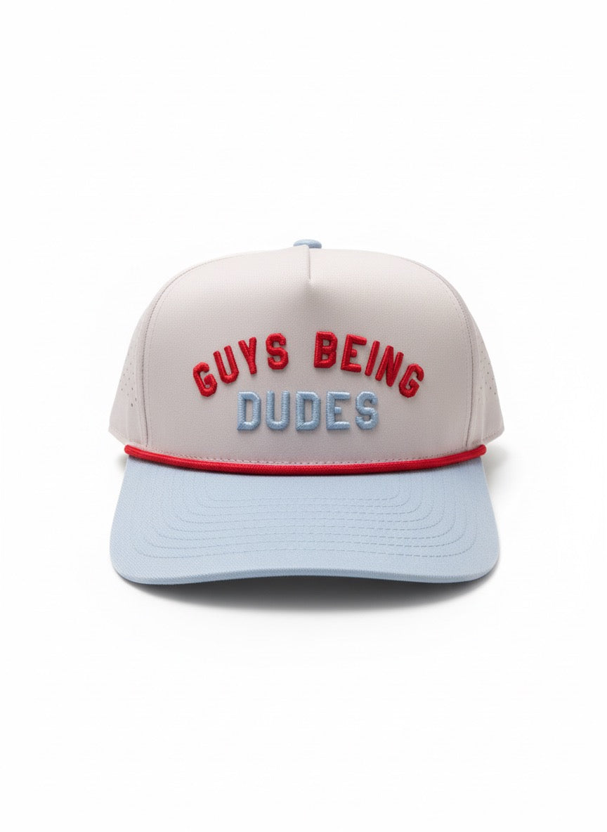 Guys Being Dudes – White & Baby Blue Golf Hat by Sunday Drinks