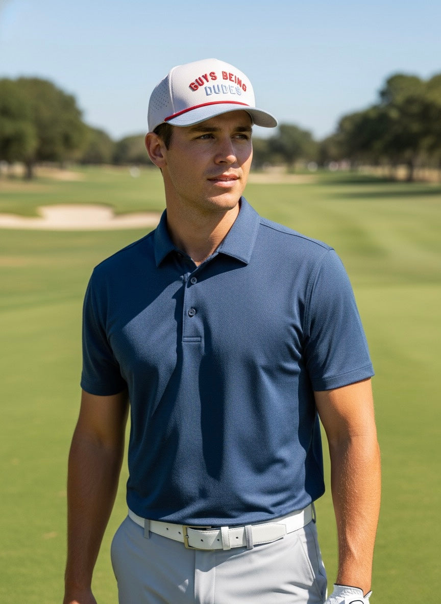 Guys Being Dudes – White & Baby Blue Golf Hat by Sunday Drinks