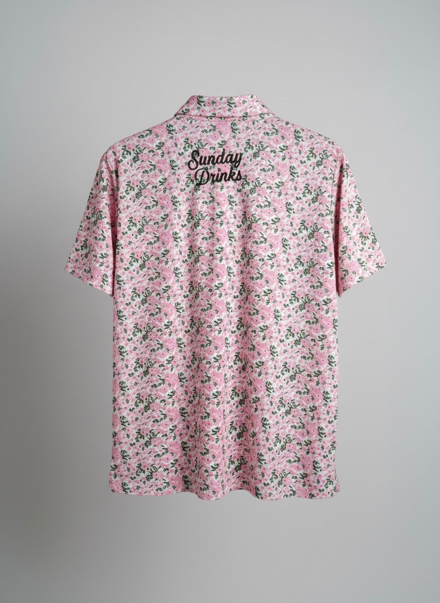 ⁠⁠Sunday Azalea – Light Pink Floral Golf Polo by Sunday Drinks, Stylish Breathable Performance Shirt for Men, Premium Activewear for Summer Golf and Lifestyle