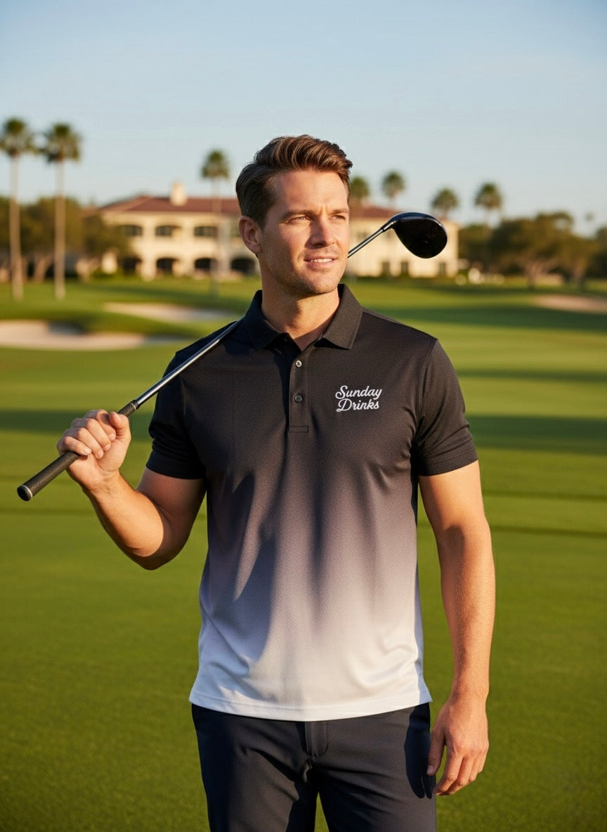 Sunday Fade – Black to White Gradient Golf Polo by Sunday Drinks, Stylish Moisture-Wicking Performance Shirt for Men, Perfect for Golf and Outdoor Sports