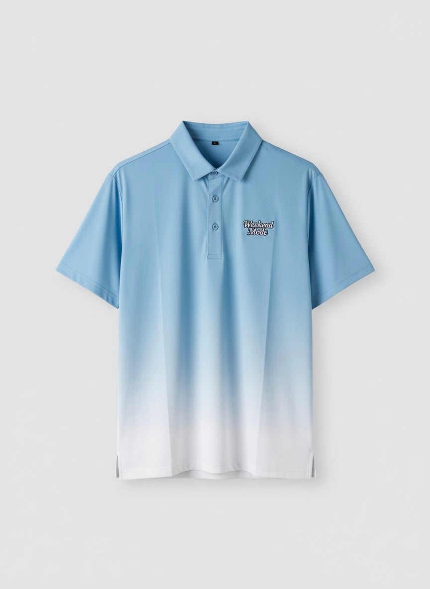 Sunday Blues – Blue to White Gradient Golf Polo by Sunday Drinks, Premium Lightweight Breathable Shirt for Men’s Golf, Summer Sports and Lifestyle