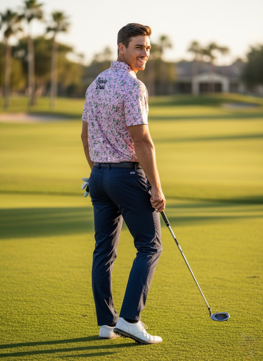 ⁠⁠Sunday Azalea – Light Pink Floral Golf Polo by Sunday Drinks, Stylish Breathable Performance Shirt for Men, Premium Activewear for Summer Golf and Lifestyle