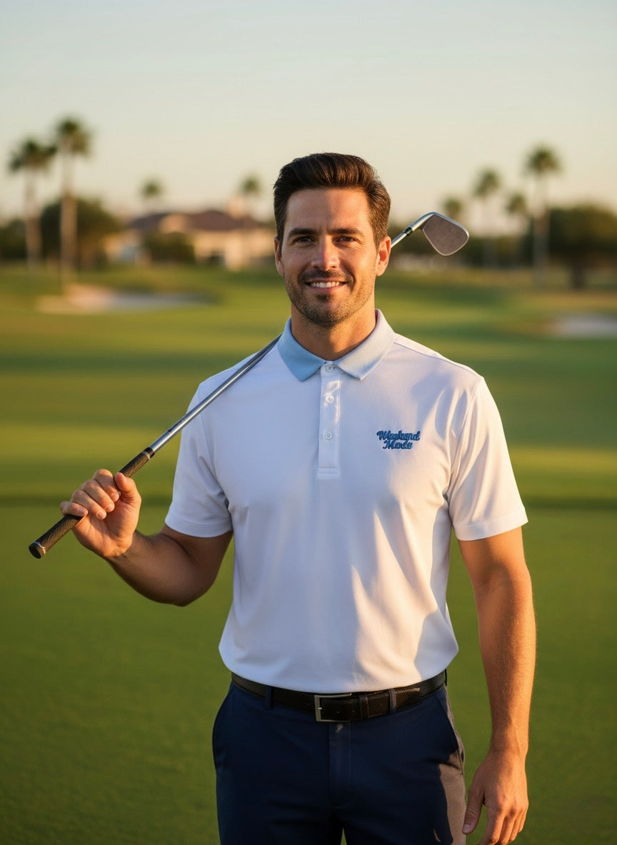 ⁠Sunday Classic – White Golf Polo with Light Blue Collar by Sunday Drinks, Premium Breathable Performance Shirt for Men’s Golf and Lifestyle