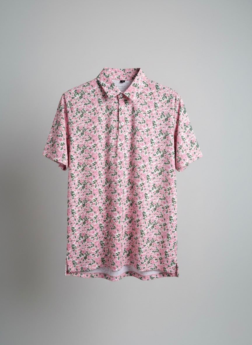 ⁠⁠Sunday Azalea – Light Pink Floral Golf Polo by Sunday Drinks, Stylish Breathable Performance Shirt for Men, Premium Activewear for Summer Golf and Lifestyle