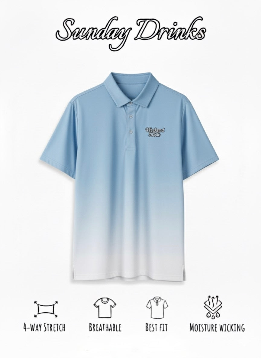 Sunday Blues – Blue to White Gradient Golf Polo by Sunday Drinks, Premium Lightweight Breathable Shirt for Men’s Golf, Summer Sports and Lifestyle