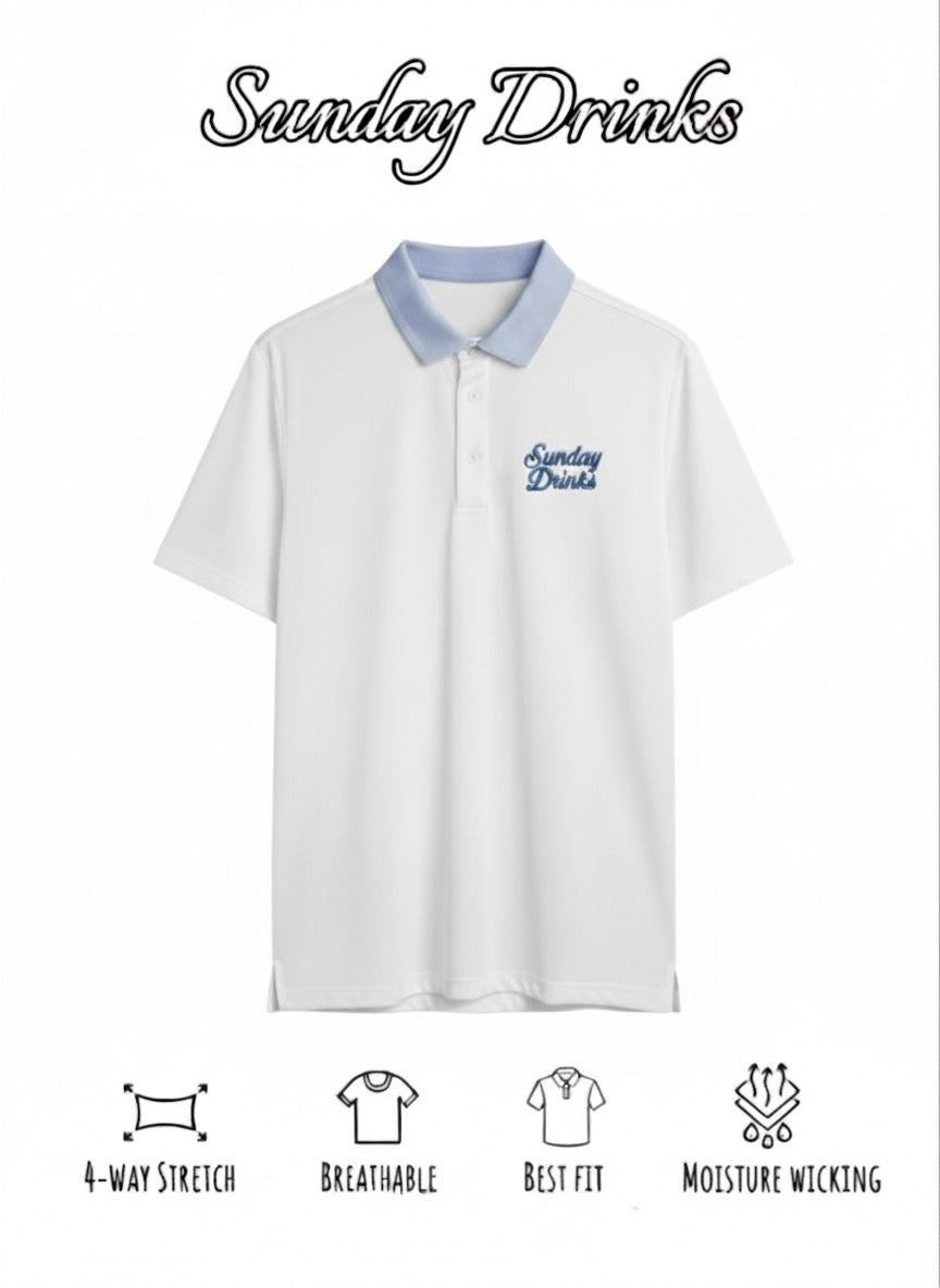 ⁠Sunday Classic – White Golf Polo with Light Blue Collar by Sunday Drinks, Premium Breathable Performance Shirt for Men’s Golf and Lifestyle