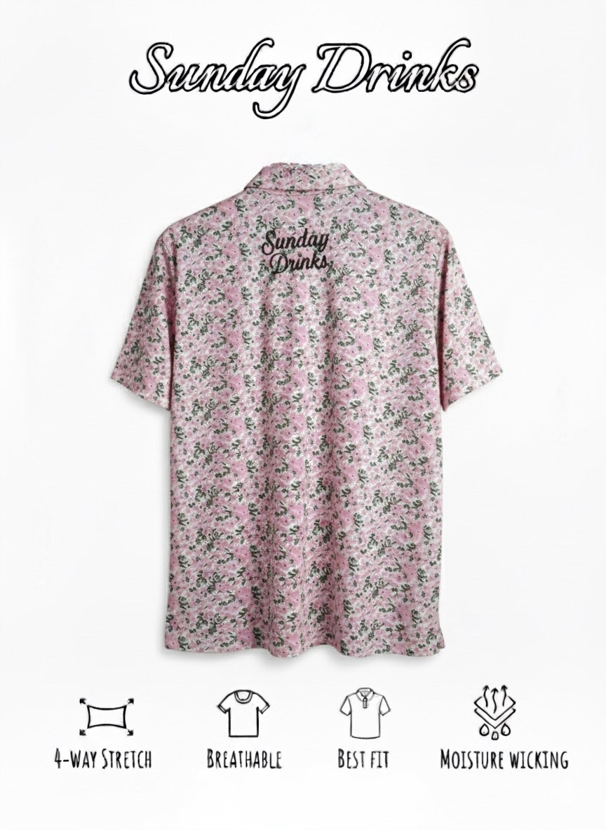 ⁠⁠Sunday Azalea – Light Pink Floral Golf Polo by Sunday Drinks, Stylish Breathable Performance Shirt for Men, Premium Activewear for Summer Golf and Lifestyle