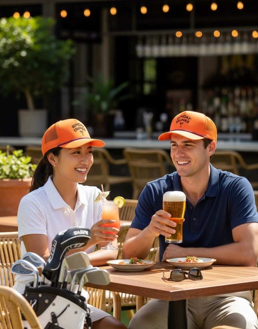 Orange Slice – Bright Orange Sunday Drinks Golf Cap, Adjustable Unisex Sports Hat for Golfing, Outdoor Summer Lifestyle