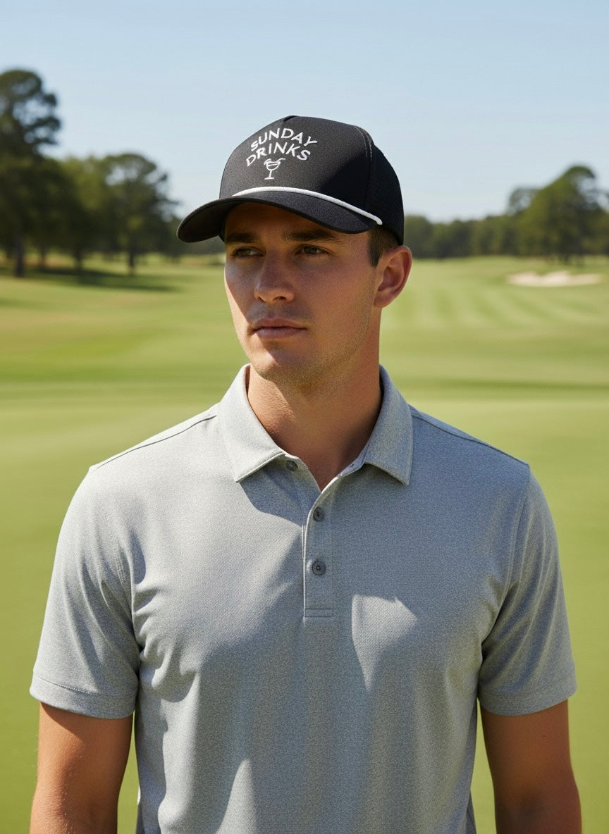 ⁠Sunday Black Out – Signature Sunday Drinks Black Golf Cap, Adjustable Unisex Sports Hat for Outdoor Golfing & Lifestyle