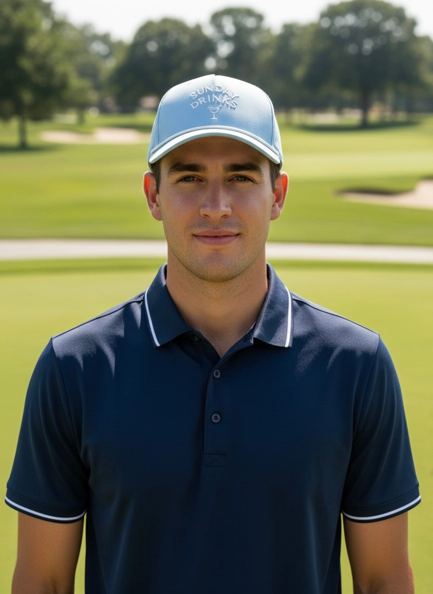⁠Sunday Skies – Light Blue Golf Cap by Sunday Drinks, Adjustable Unisex Hat for Golf, Sports, Outdoor Summer Protection