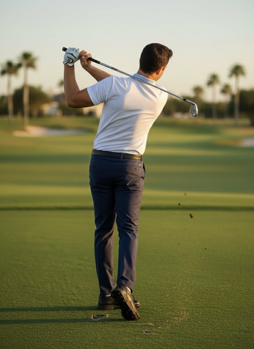 ⁠Sunday Classic – White Golf Polo with Light Blue Collar by Sunday Drinks, Premium Breathable Performance Shirt for Men’s Golf and Lifestyle
