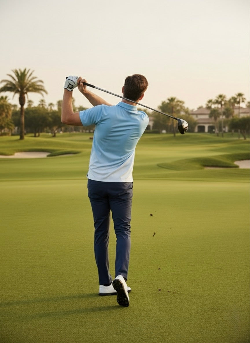 Sunday Blues – Blue to White Gradient Golf Polo by Sunday Drinks, Premium Lightweight Breathable Shirt for Men’s Golf, Summer Sports and Lifestyle