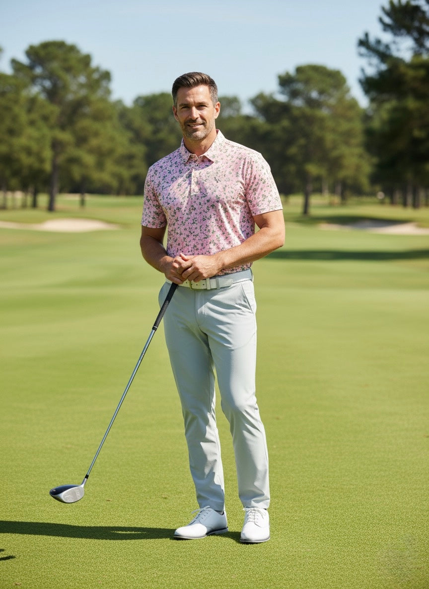 ⁠⁠Sunday Azalea – Light Pink Floral Golf Polo by Sunday Drinks, Stylish Breathable Performance Shirt for Men, Premium Activewear for Summer Golf and Lifestyle