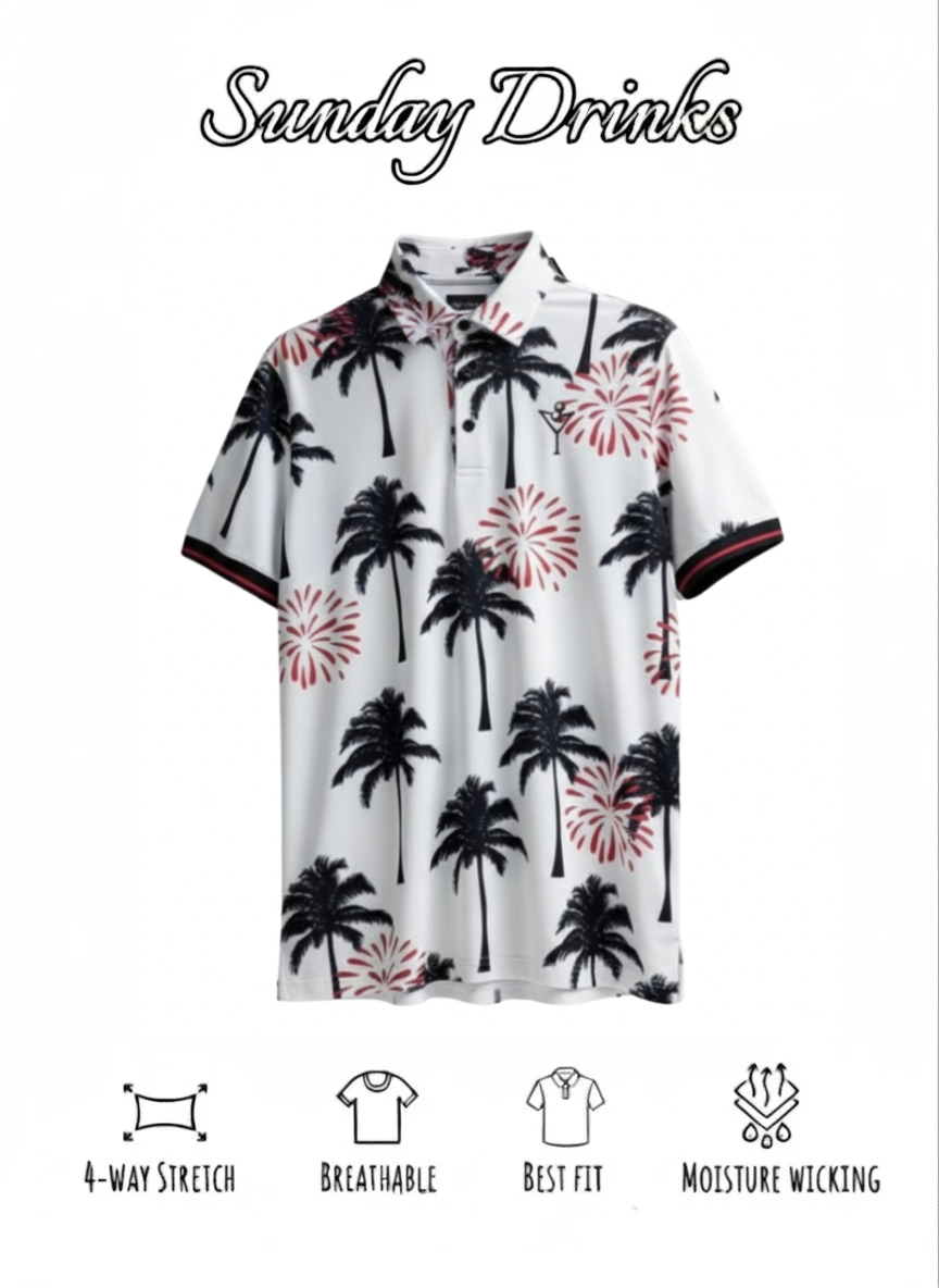 Tropical Palm – White Golf Polo by Sunday Drinks Breathable Performance Shirt for Men, Perfect for Golf and Summer Outings