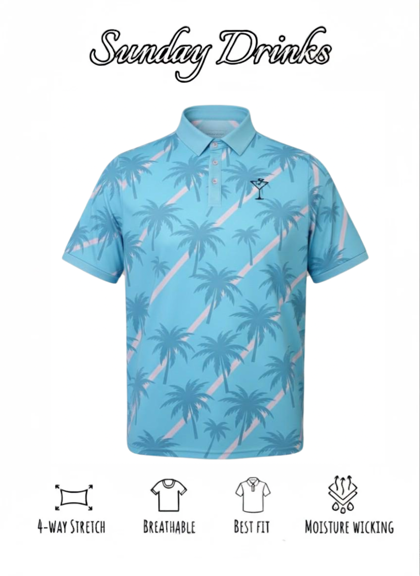 Tropical Palm – Blue Golf Polo by Sunday Drinks Breathable Performance Shirt for Men, Perfect for Golf and Summer Outings
