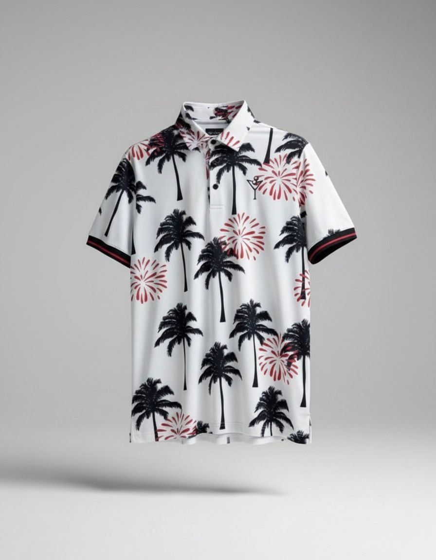 Tropical Palm – White Golf Polo by Sunday Drinks Breathable Performance Shirt for Men, Perfect for Golf and Summer Outings