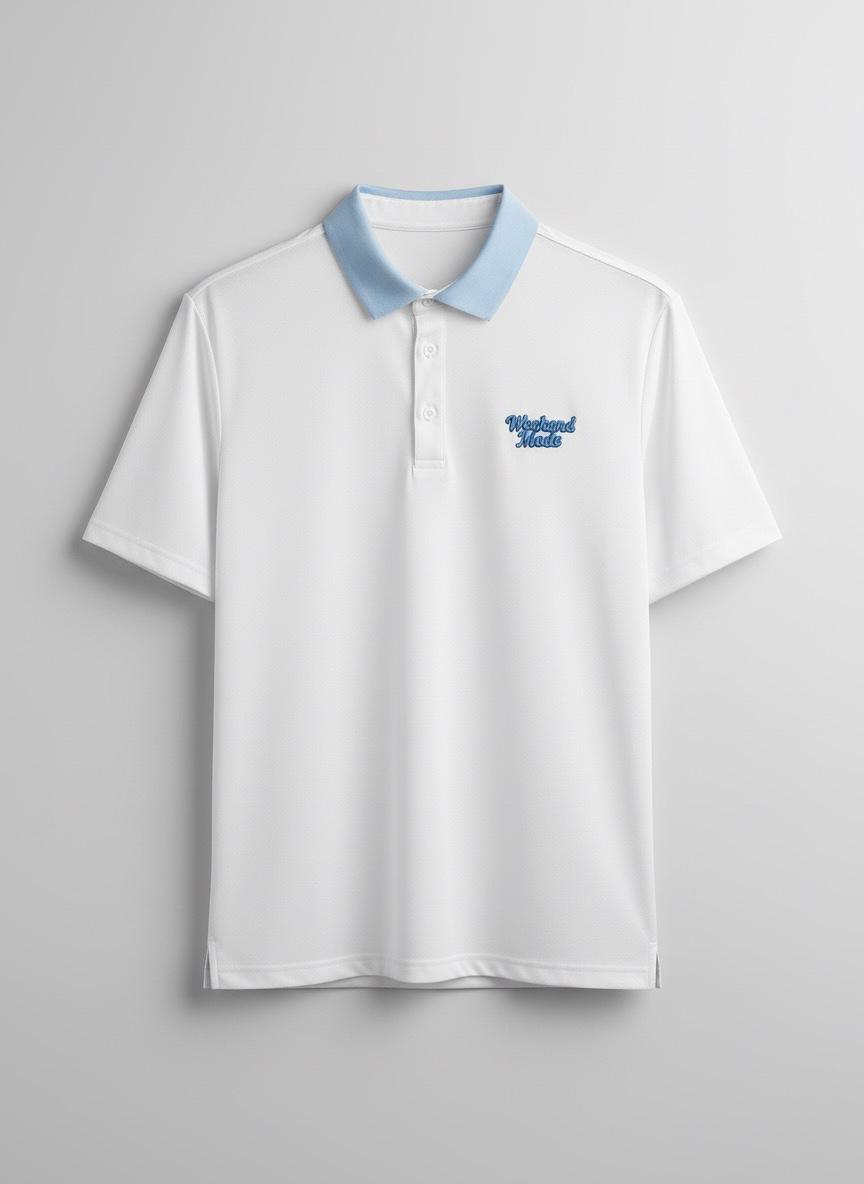 ⁠Sunday Classic – White Golf Polo with Light Blue Collar by Sunday Drinks, Premium Breathable Performance Shirt for Men’s Golf and Lifestyle