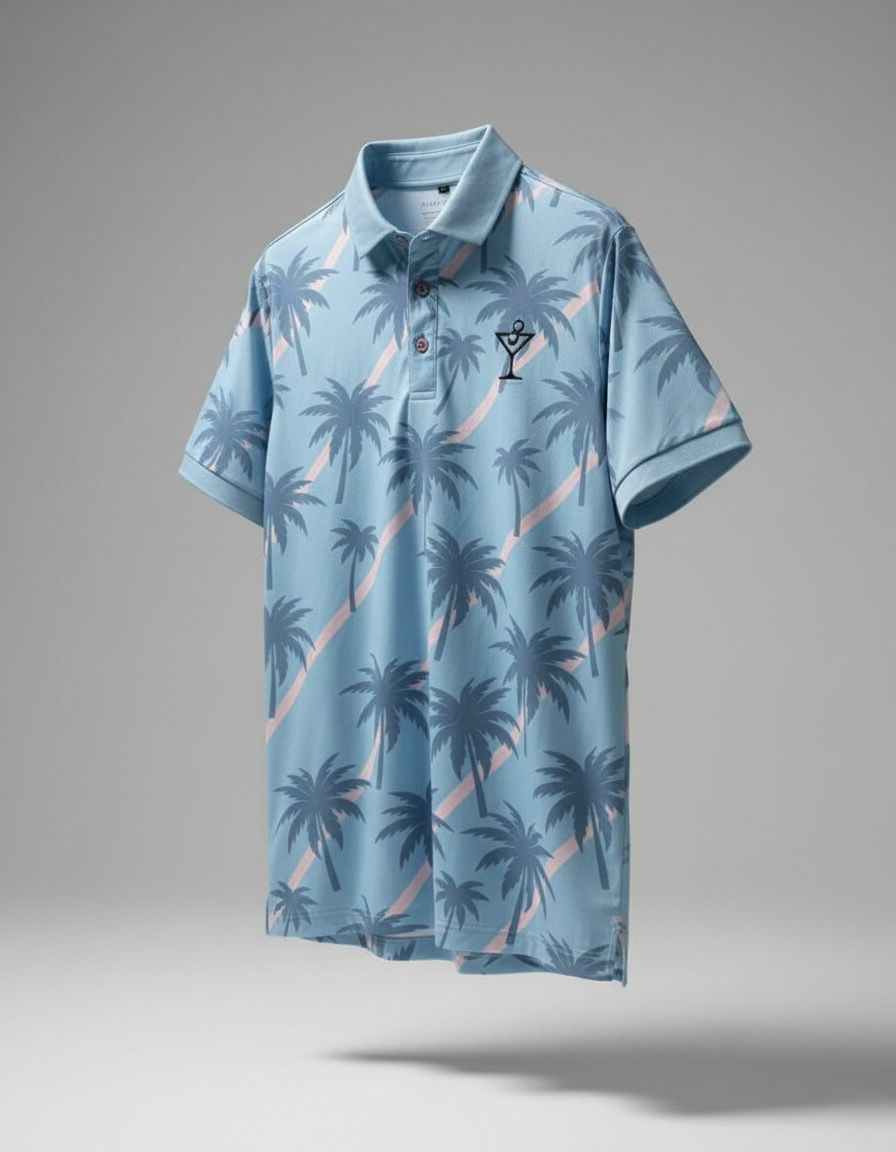 Tropical Palm – Blue Golf Polo by Sunday Drinks Breathable Performance Shirt for Men, Perfect for Golf and Summer Outings